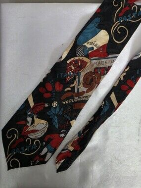 SENSO Black Novelty Tie with Red, Blue and Cream Motifs
